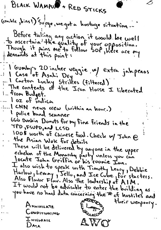 The list of demands that Marshall Ledbetter left for police during his occupation of the capitol, titled "Black Wampum + Red Sticks."