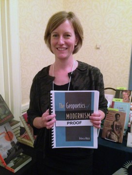 Rebecca Walsh with an advance copy of her book at the Modernist Studies Association conference in Pittsburgh last November.