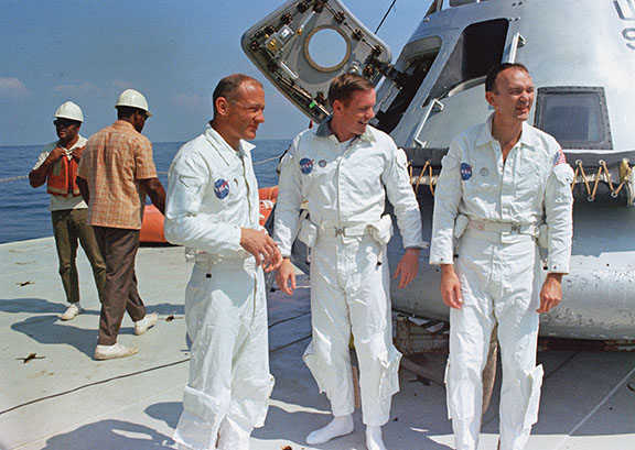 Aldrin, Armstrong, and Collins (left to right) during recovery training on the deck of MV Retriever in the Gulf of Mexico (off the coast of Galveston, Texas) on May 24, 1969. (NASA)