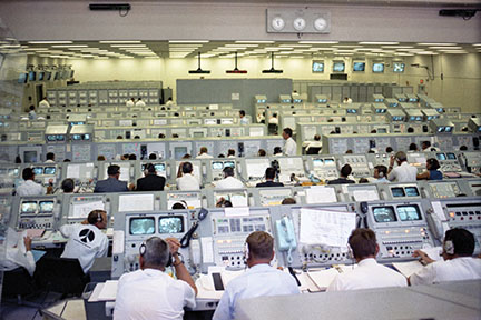 Government and industry engineers monitor the Apollo 11 CDDT in firing room 1 on July 2, 1969. Approximately 450 persons were present during the test. (NASA)
