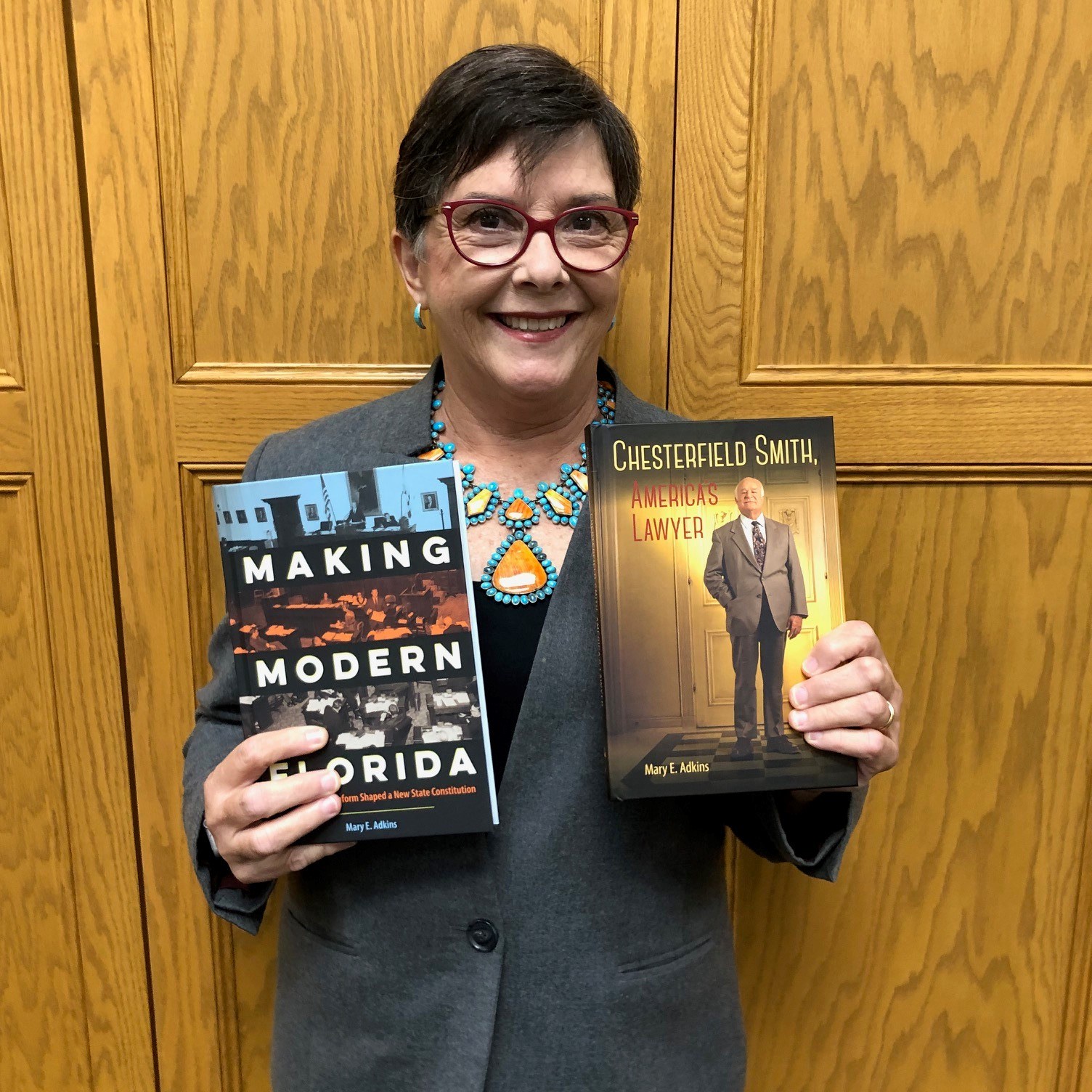Mary E. Adkins, author of Making Modern Florida and Chesterfield Smith, America's Lawyer, at the University of Florida Smathers Library