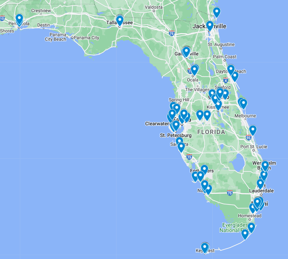 A map of Florida with many location markers plotted across the entire state with concentrations in major urban areas.