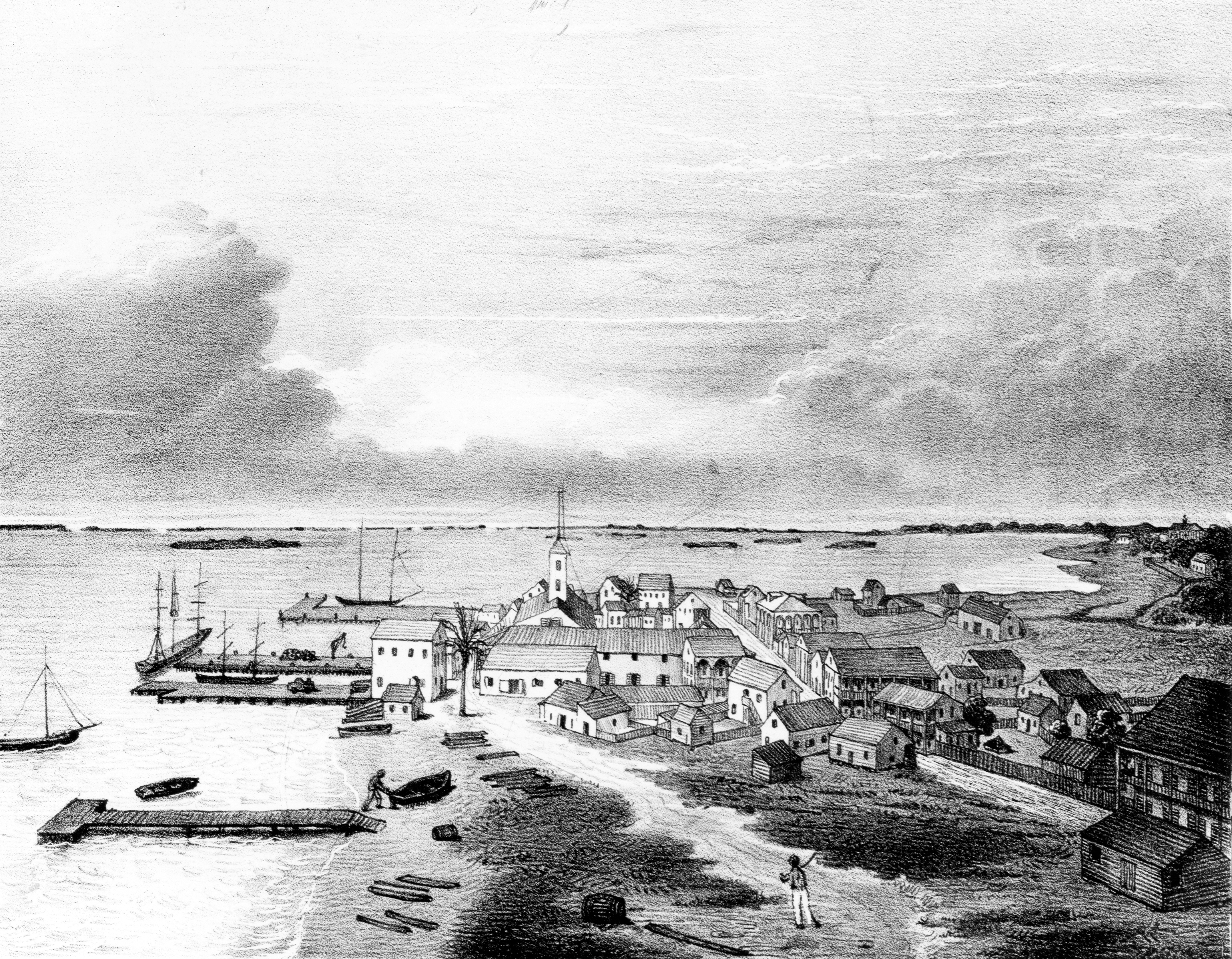 Black and white line drawing of Key West, Florida.