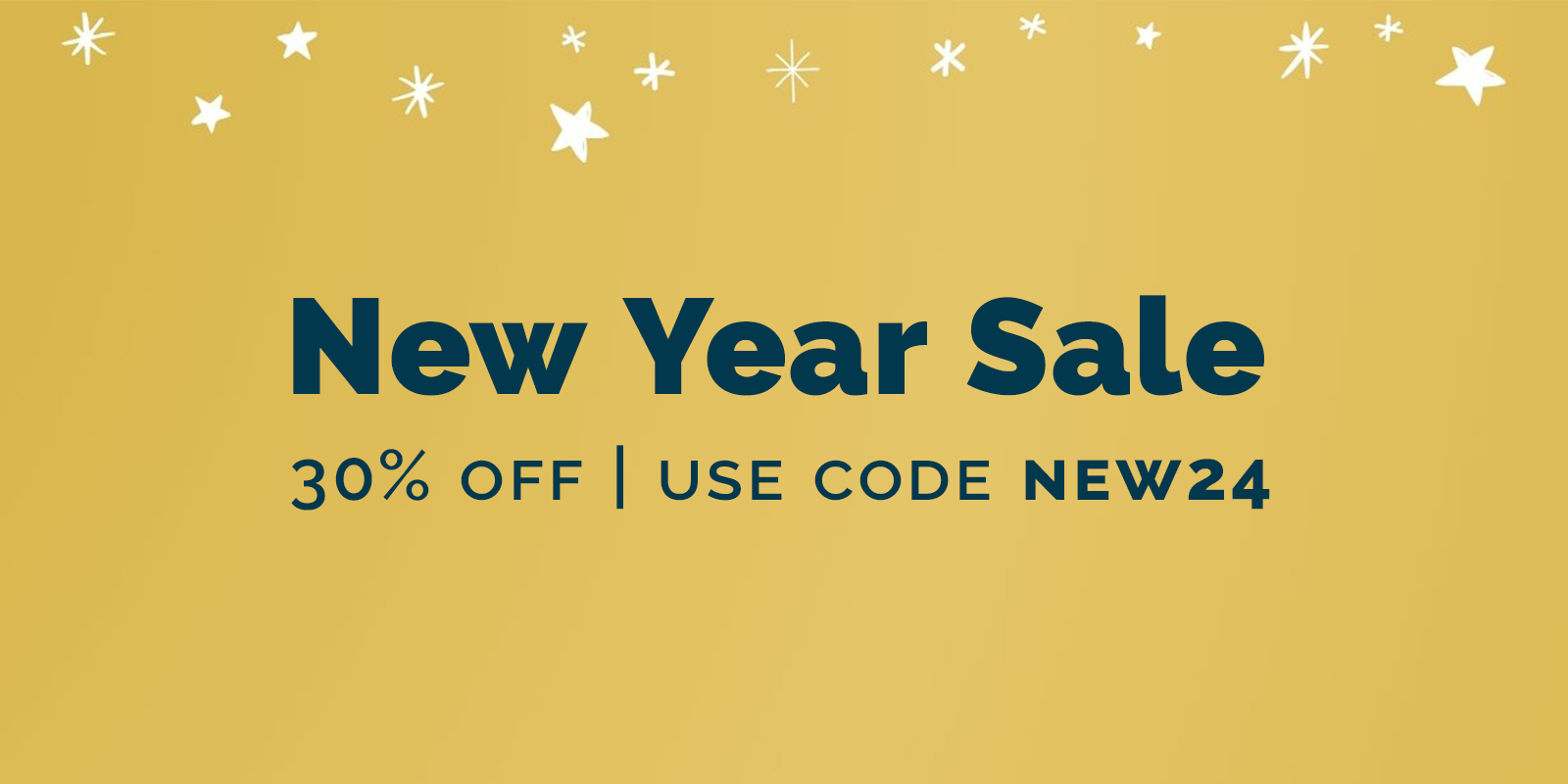 On a solid gold background, dark blue text reads “New Year Sale, upress.ufl.edu, 30% off, use code NEW24.” White stars appear at the top and Press logos appear in a white box at the bottom.